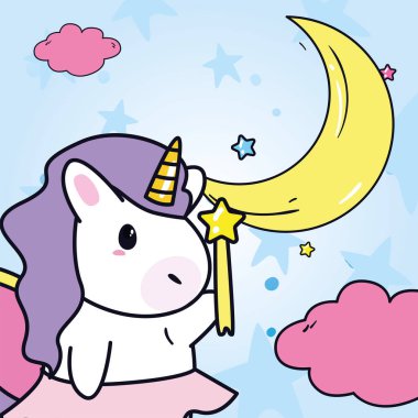 Tek boynuzlu at çizgi filmi yıldız sopası ve ay vektör tasarımı