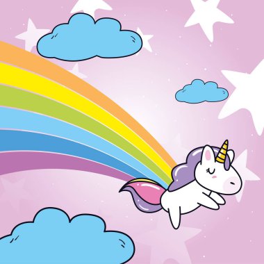 tek boynuzlu at çizgi filmi gökkuşağı ve bulut vektör tasarımı ile uyuyor