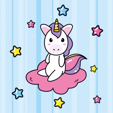 Tek boynuzlu at çizgi filmi bulutların üzerinde yıldız vektör tasarımı ile