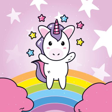 Gökkuşağı vektör dizaynında yıldızlar olan tek boynuzlu at çizgi filmi