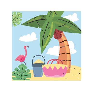 Plaj vektör tasarımında yaz flamingo kum kovası ve sepeti