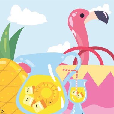 Yaz flamingo sepeti ve ananas kokteyli tasarımı