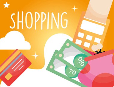 Alışveriş hesap makinesi faturaları çanta ve kredi kartı vektör tasarımı