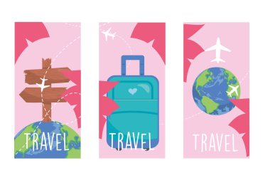 seyahat yolu işaret çantası ve etiket vektör tasarımında dünya