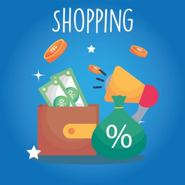 Faturalı alışveriş cüzdanı megafon ve çanta vektör tasarımı