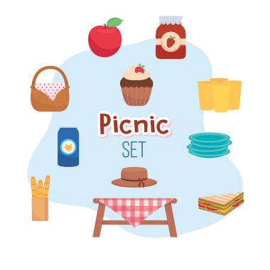 piknik masası ve simge kümesi vektör tasarımı
