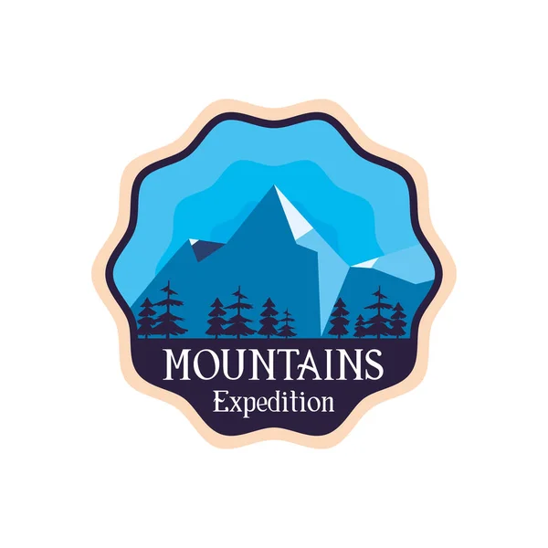 Mountains expedition with pine trees landscape seal stamp vector design — 图库矢量图片