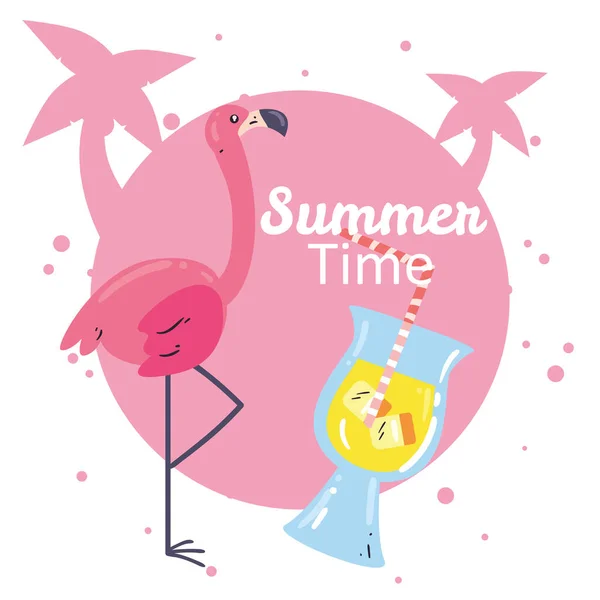 Zomer tijd flamingo en cocktail vector ontwerp — Stockvector