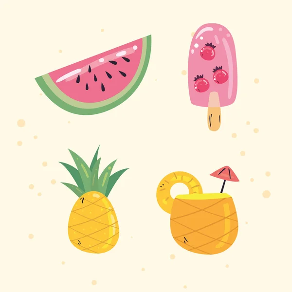 Verano sandía helado piña y cóctel vector de diseño — Archivo Imágenes Vectoriales