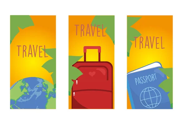 Travel world bag and passport in labels vector design — 图库矢量图片