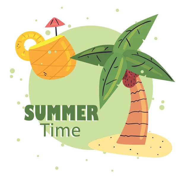 Summer time pineapple cocktail and palm tree vector design — 图库矢量图片