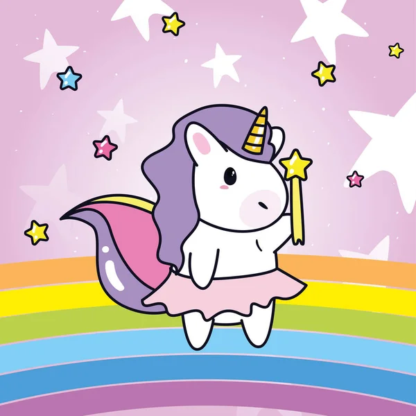 Tek boynuzlu at çizgi filmi yıldız sopası ve gökkuşağı vektör tasarımı