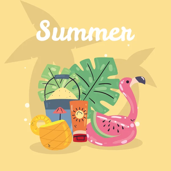 Sommer-Flamingo schwimmt Wassermelonen-Sonnencreme-Cocktail und Sandeimer-Vektor-Design — Stockvektor