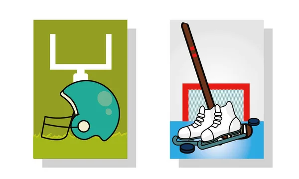 Deporte americano de fútbol y hockey en marcos de diseño de vectores — Vector de stock
