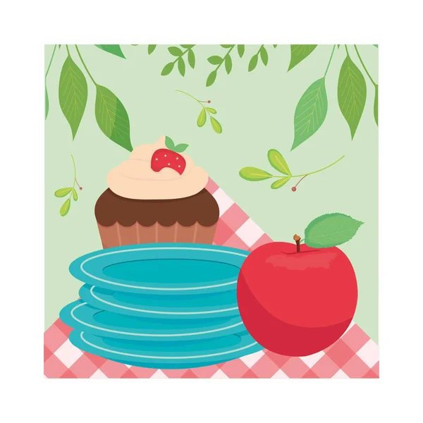 Piknikowe talerze muffinek i wzór wektora jabłka — Wektor stockowy