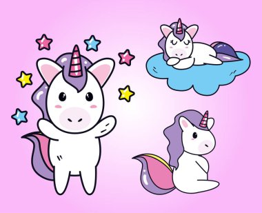 Tek boynuzlu atlar yıldızlar ve bulut vektör tasarımı olan çizgi filmler.