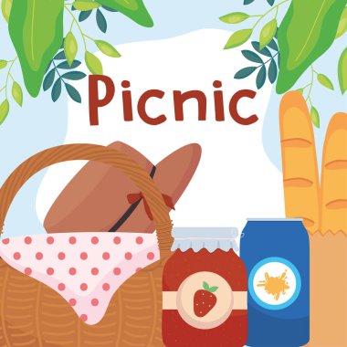picnic basket with breads jam soda and hat vector design