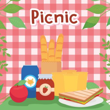 picnic breads bag soda jam apple and sandwich vector design