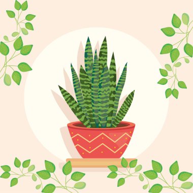 plant inside pot with leaves around vector design