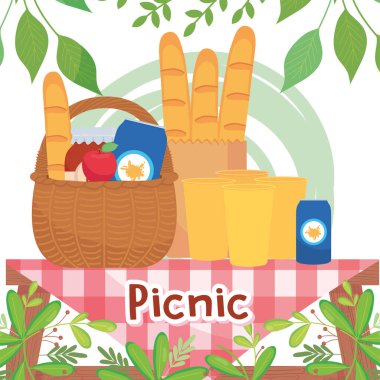 picnic basket with breads and glasses on table vector design