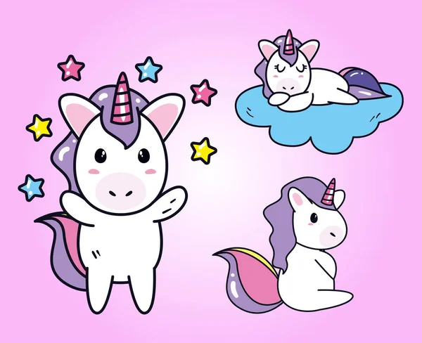 Unicorn kartun kuda dengan bintang dan desain vektor awan - Stok Vektor