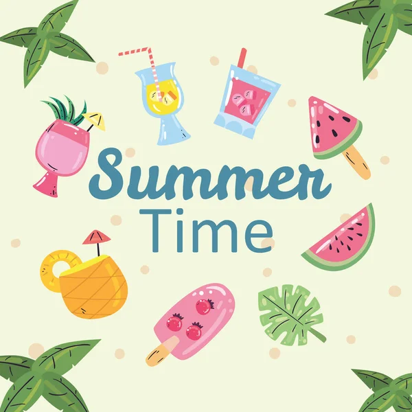 Summer time text with icons and leaves vector design — 图库矢量图片