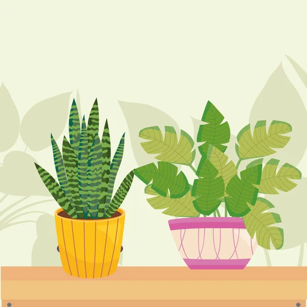 Plantas dentro de vasos amarelos e roxos projeto vetorial — Vetor de Stock