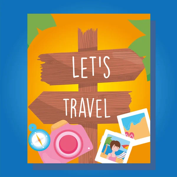 Lets travel road sign with camera and pictures vector design — Vector de stock