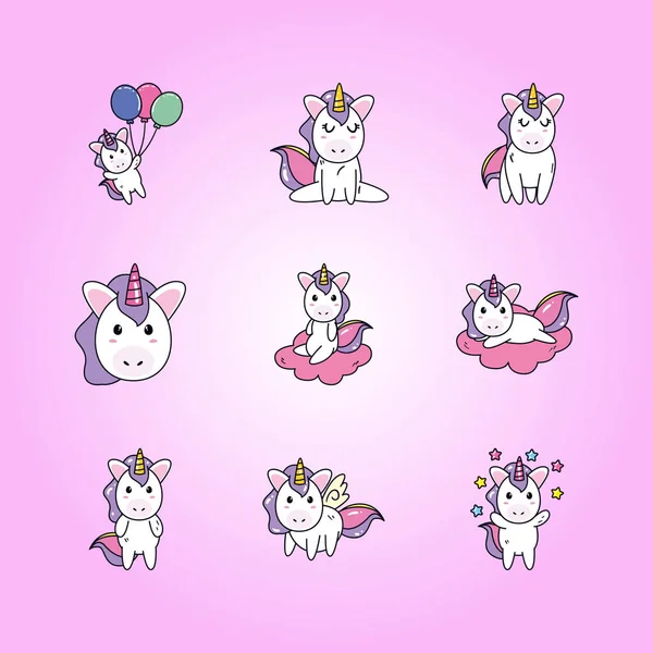 Unicorns horses cartoons icon collection vector design — Stockový vektor