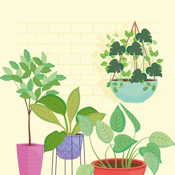 Plants inside pots collection vector design — Vector de stock