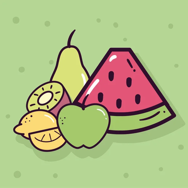 Watermelon apple pear kiwi and lemon vector design — Vector de stock