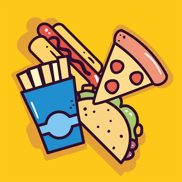 Hot dog frites pizza et taco vecteur design — Image vectorielle