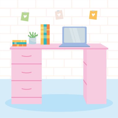 Bilgisayarlı ve elementli pembe masalı iş yeri tasarımı, renkli tasarım