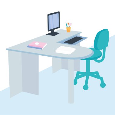 Bilgisayarlı köşe masası, kitaplar ve kağıt dosyaları, renkli tasarım