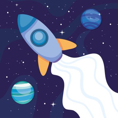 uzay arkaplanı etrafında uzay roketi ve gezegenler