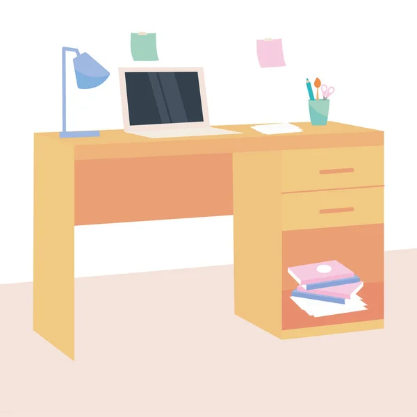 Drewniane biurko z laptopem i elementami, kolorowy design — Wektor stockowy