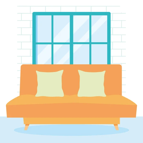 Diseño de la casa interior sofá naranja con cojines verdes y ventana azul, diseño colorido — Vector de stock