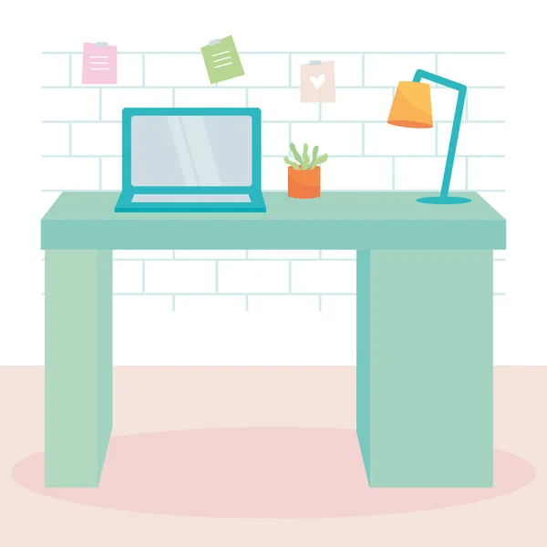 ノートパソコン、植物やデスクランプ、カラフルなデザインの緑の机 — ストックベクタ