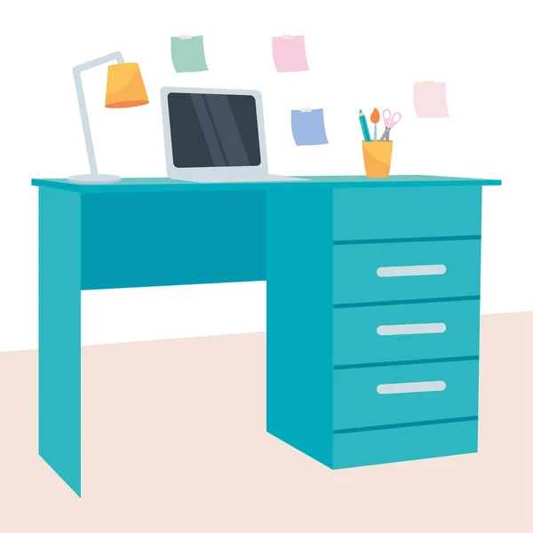 Laptop, Schreibtischlampe und Bleistifthalter auf blauem Schreibtisch, buntes Design — Stockvektor