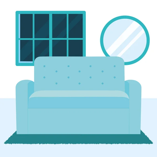Blaues Sofa, runder Spiegel und blaues Fenster, buntes Design — Stockvektor