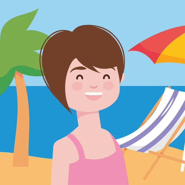 Tecknad kvinna ler över stranden bakgrund, färgglad design — Stock vektor