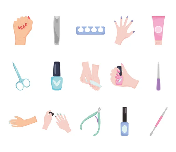 Händer och naglar verktyg ikon set, färgglad design — Stock vektor
