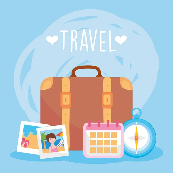 Diseño de viaje con la maleta y los iconos relacionados con los viajes, diseño colorido — Vector de stock