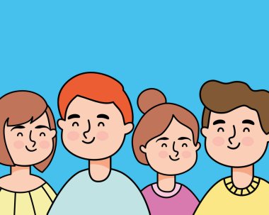 Çizgi film çiftleri gülümsüyor, renkli tasarım.