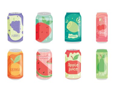 Meyve aromalı soda kutuları seti, renkli tasarım
