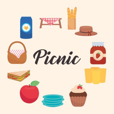 yemek ve ilgili simgelerle piknik tasarımı, renkli tasarım