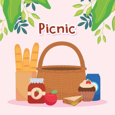 piknik tasarımı sepet ve yiyecek, renkli tasarım