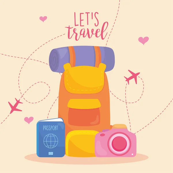 Позволяет путешествовать дизайн с путешествия рюкзак, паспорт и камера, красочный дизайн — стоковый вектор