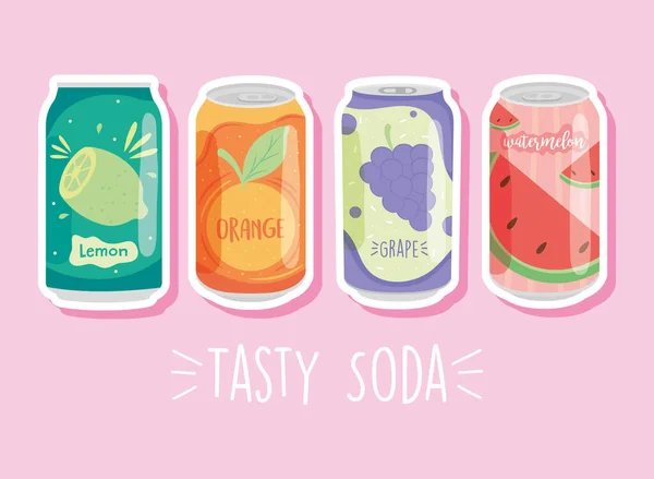 Sabrosas latas de refrescos de frutas, diseño colorido — Vector de stock