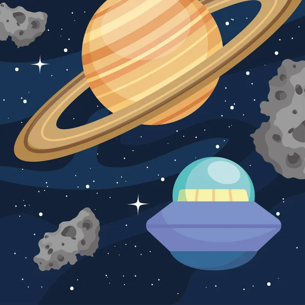 Space design with saturn, flying saucer and asteroid belts, colorful design — Stock Vector